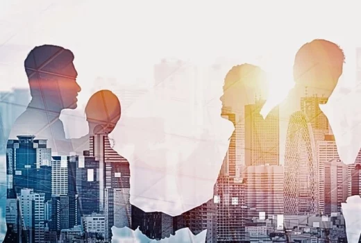 Double exposure image of many business people conference group meeting on city office building in the background