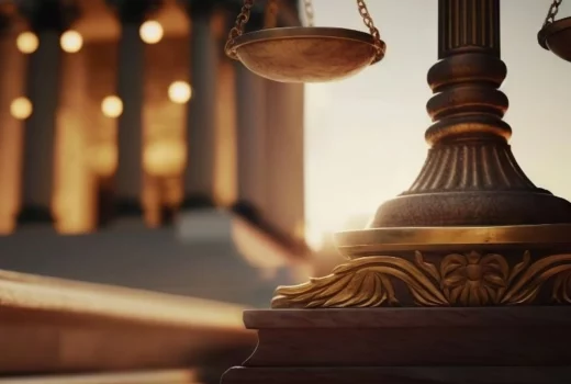 Scales of Justice on background of Court Hall