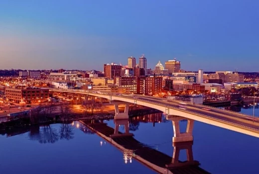 Night aerial drone shot of Peoria Illinois